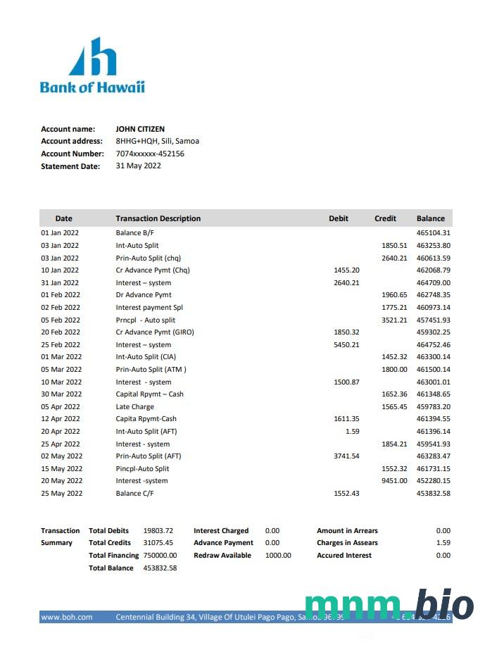 Samoa Bank of Hawaii Bank dowód adresu szablon oświadczenia w formacie Word i PDF